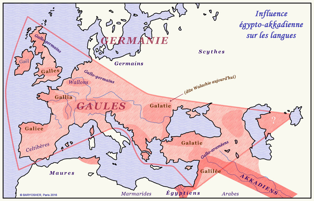 Baryosher - carte illustrant l'influence égypto-akkadienne sur les langues européennes
